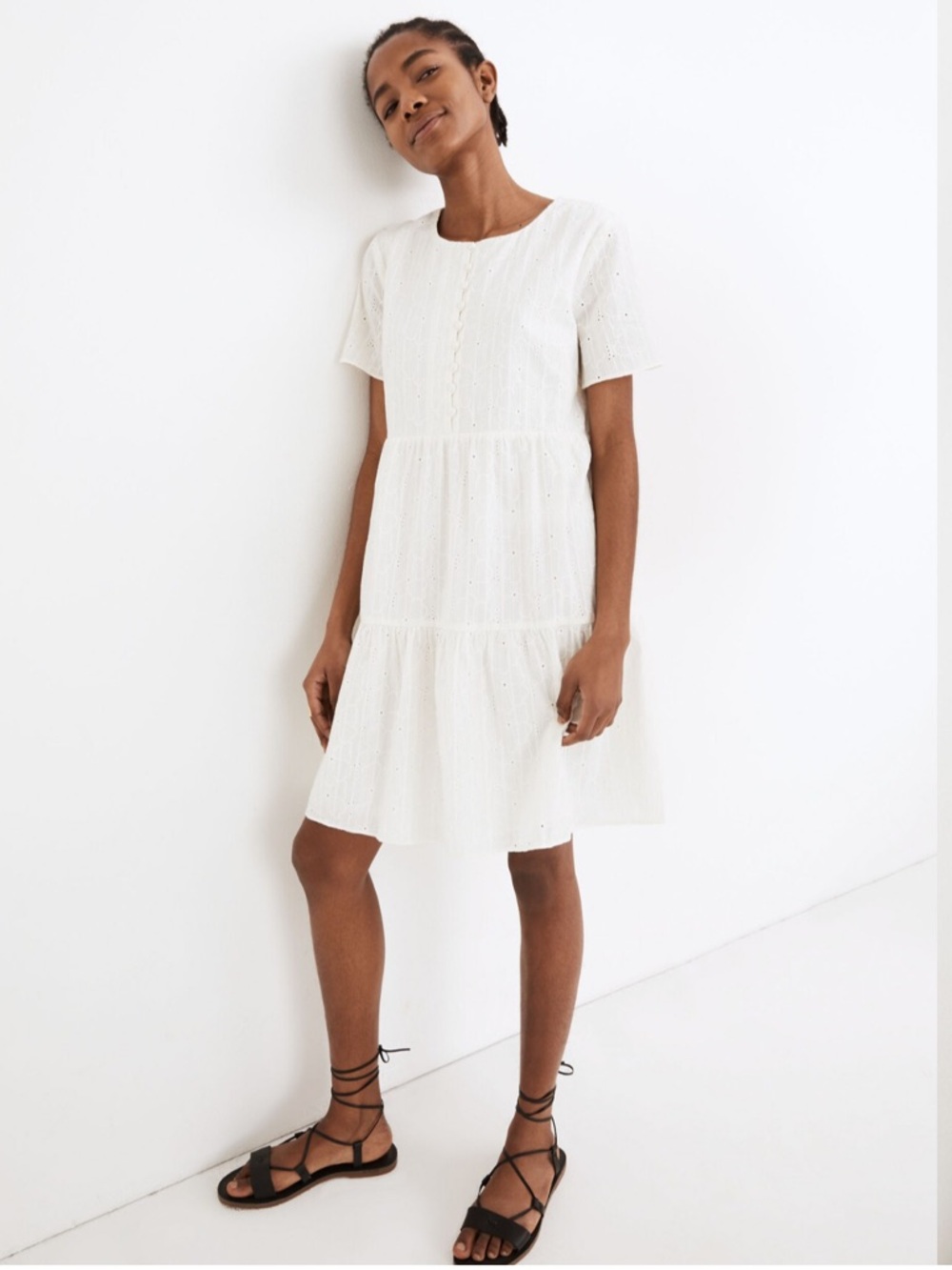White Eyelet Tiered Short Sleeve Dress